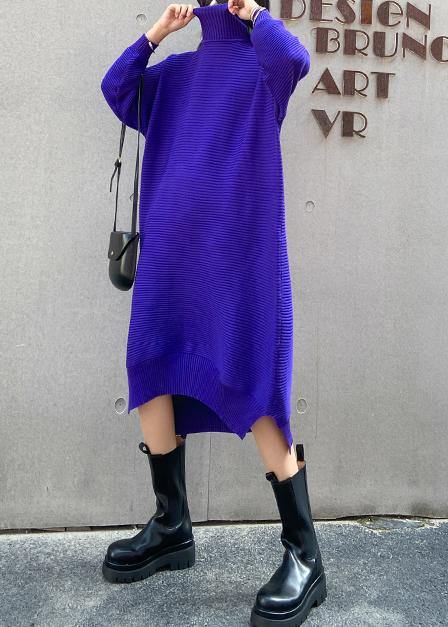 Pullover Blue Sweater Dress Outfit Street Style High Neck Low High Design Baggy Fall Knitted Dress