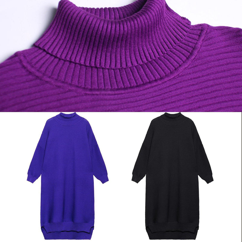 Pullover Blue Sweater Dress Outfit Street Style High Neck Low High Design Baggy Fall Knitted Dress
