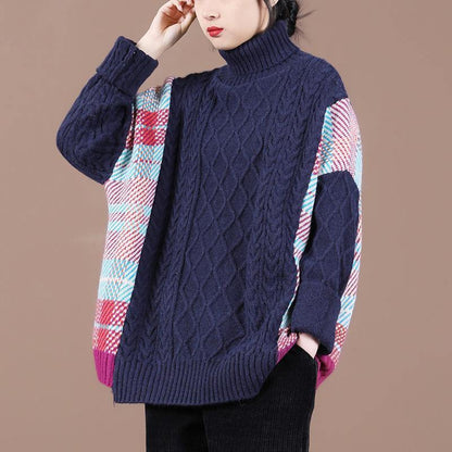 Pullover Blue Plaid Knit Tops Spring High Neck Knit Blouse