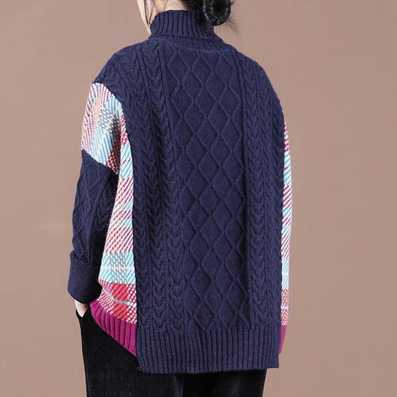 Pullover Blue Plaid Knit Tops Spring High Neck Knit Blouse