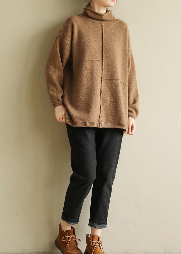 Pullover Brown Clothes for Patchwork Turtleneck Knit Tops