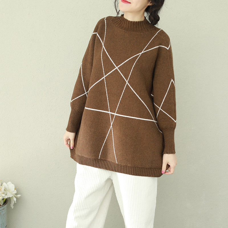 Pullover Brown Knitted Tops O Neck Knitwear