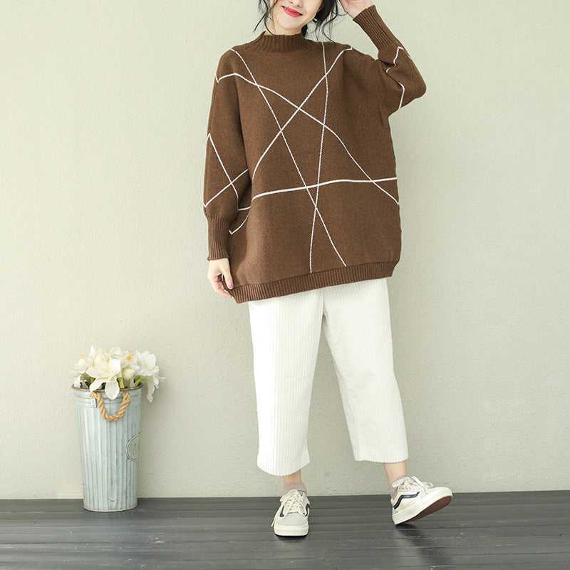 Pullover Brown Knitted Tops O Neck Knitwear