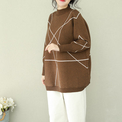 Pullover Brown Knitted Tops O Neck Knitwear