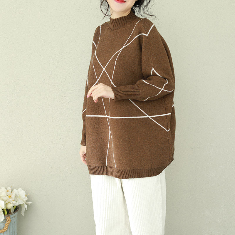 Pullover Brown Knitted Tops O Neck Knitwear