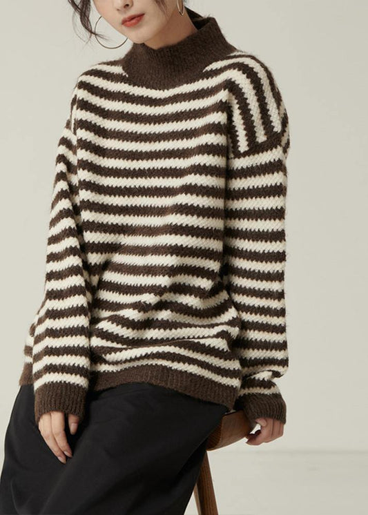 Pullover Fall Brown Striped Knit Tops Loose Fitting High Neck Knitted Pullover