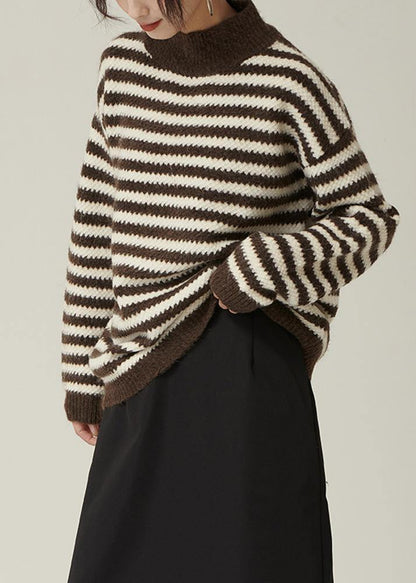 Pullover Fall Brown Striped Knit Tops Loose Fitting High Neck Knitted Pullover