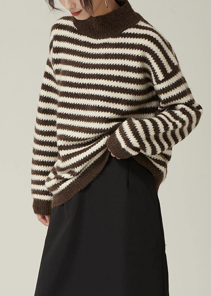Pullover Fall Brown Striped Knit Tops Loose Fitting High Neck Knitted Pullover