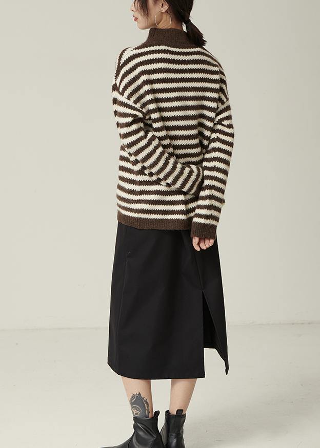 Pullover Fall Brown Striped Knit Tops Loose Fitting High Neck Knitted Pullover
