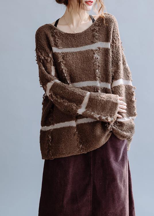 Pullover Fall Chocolate Striped Knit Sweat Tops O Neck Sweater Blouse