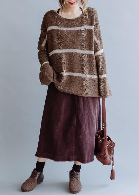 Pullover Fall Chocolate Striped Knit Sweat Tops O Neck Sweater Blouse