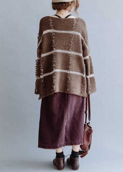 Pullover Fall Chocolate Striped Knit Sweat Tops O Neck Sweater Blouse