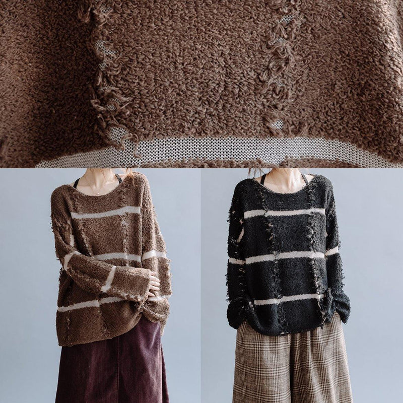 Pullover Fall Chocolate Striped Knit Sweat Tops O Neck Sweater Blouse
