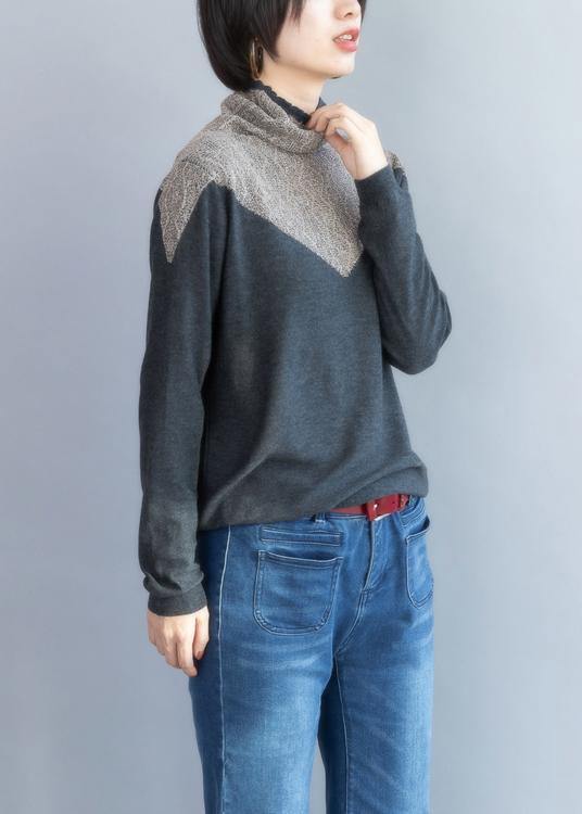 Pullover Gray Knit Tops High Neck Sweater Blouse