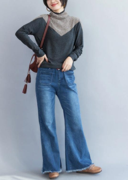 Pullover Gray Knit Tops High Neck Sweater Blouse