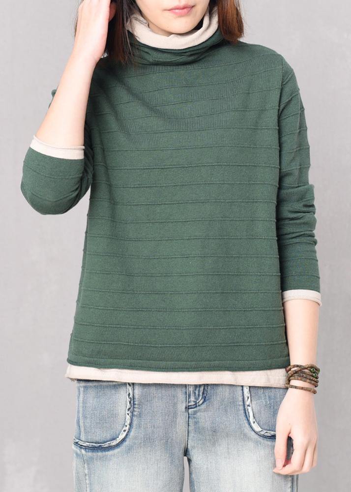 Pullover Green Knitted Blouse High Neck Knitwear False Two Pieces