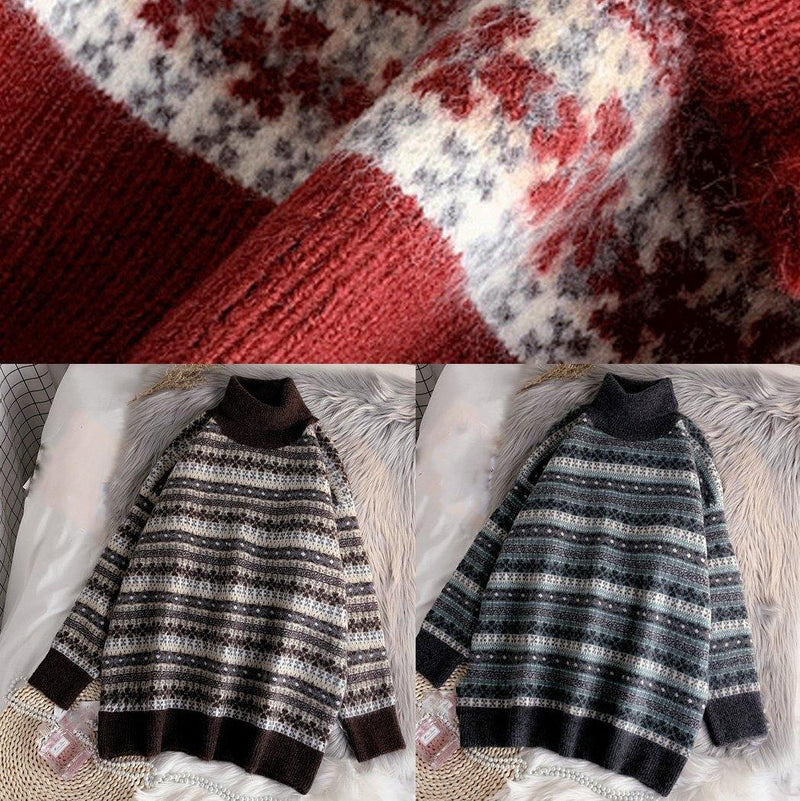 Pullover High Neck Gray Knit Sweat Tops Striped Sweater Tops