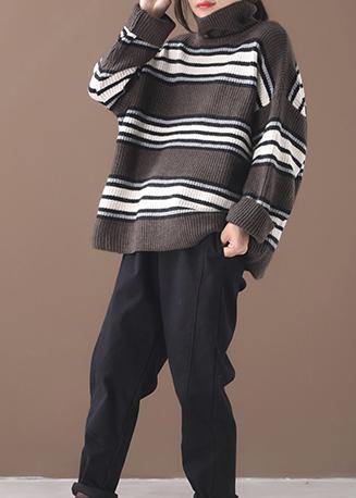 Pullover Khaki Striped Knitted Clothes Winter Knitted Blouse High Neck