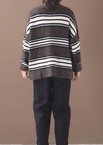 Pullover Khaki Striped Knitted Clothes Winter Knitted Blouse High Neck
