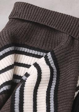 Pullover Khaki Striped Knitted Clothes Winter Knitted Blouse High Neck