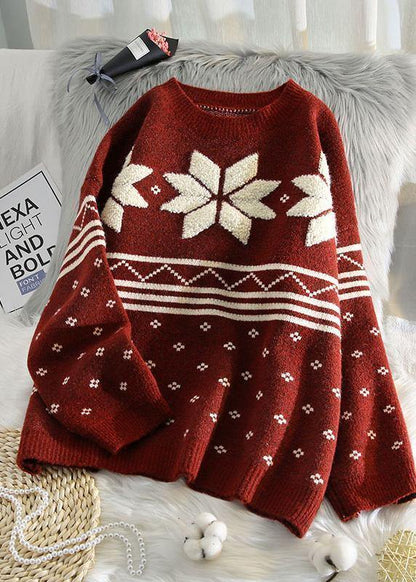 Pullover O Neck Burgundy Knitted Blouse Knit Blouse