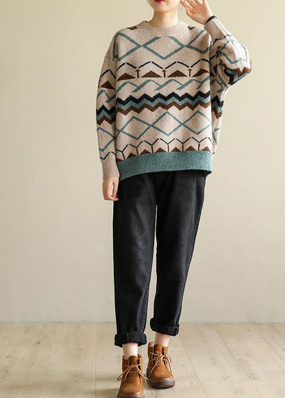 Pullover O Neck Khaki Geometry Knitwear Wild Knit Top Silhouette