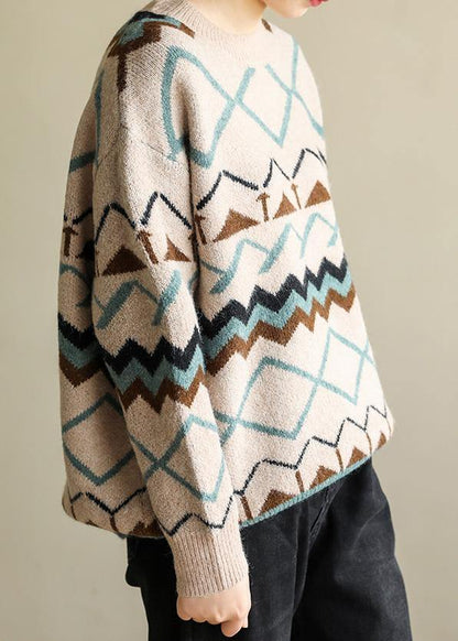 Pullover O Neck Khaki Geometry Knitwear Wild Knit Top Silhouette