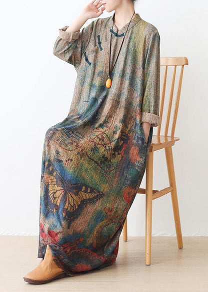 Pullover Stand Collar Sweater Fall Dresses Classy Green Print Baggy Knit Dress