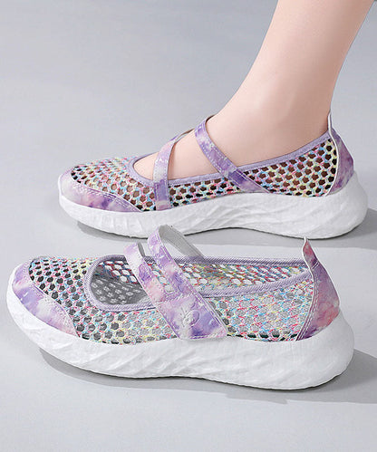Purple Breathable Mesh Flat Feet Shoes Splicing Buckle Strap