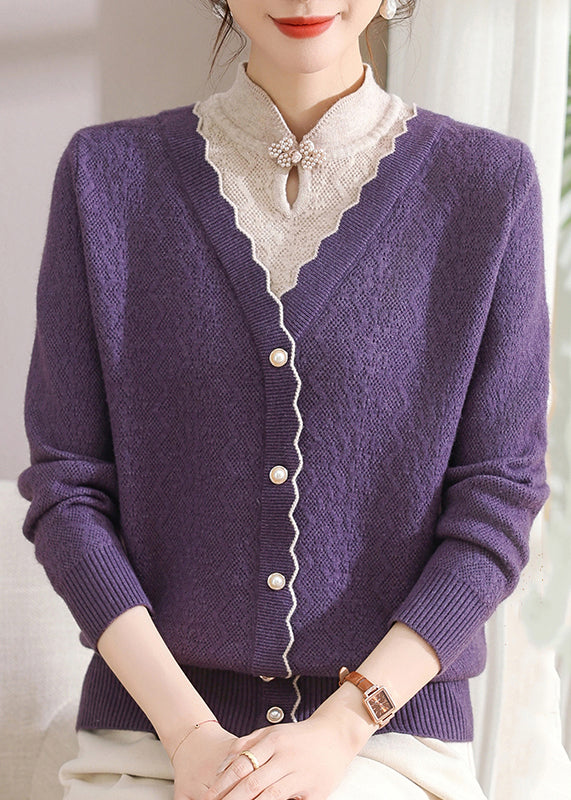 Purple Button False Two-piece Cotton Knit Sweaters Long Sleeve