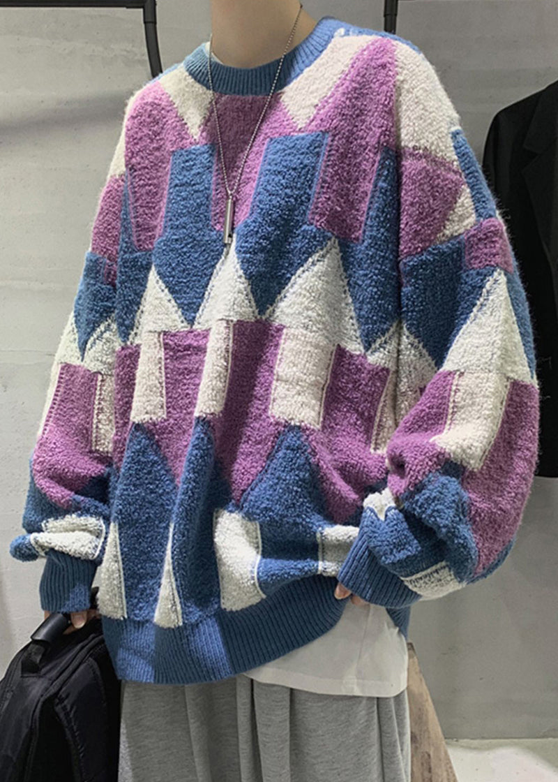 Purple Cozy Patchwork Cotton Knit Winter Sweaters O Neck