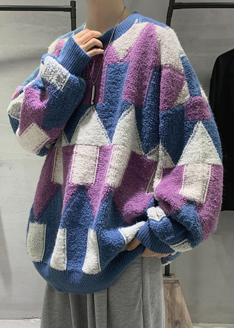 Purple Cozy Patchwork Cotton Knit Winter Sweaters O Neck