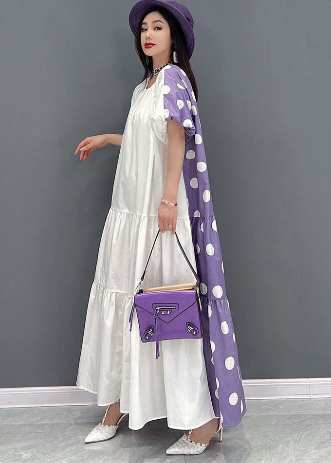 Purple Dot Print Cotton Long Dress Wear on Both Sides Exra Large Hem Short Sleeve