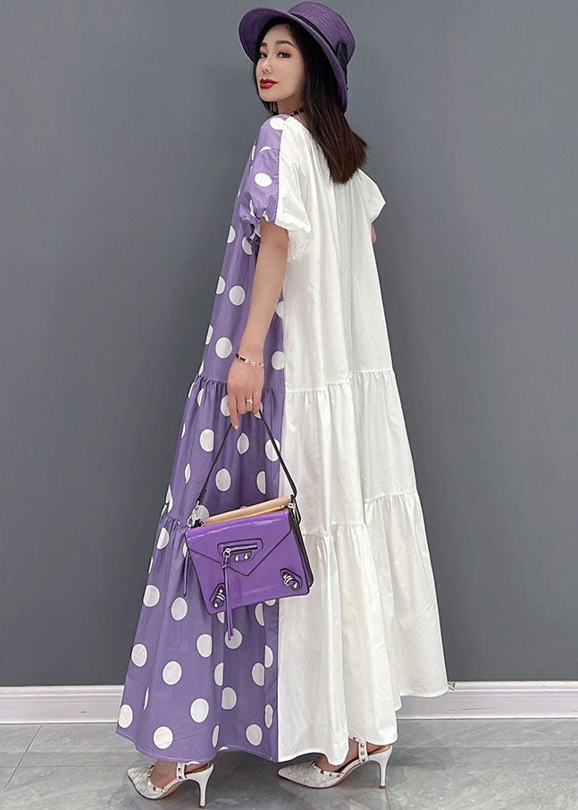 Purple Dot Print Cotton Long Dress Wear on Both Sides Exra Large Hem Short Sleeve