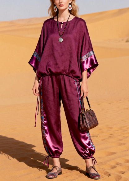 Purple Drawstring Patchwork Silk Linen Two Piece Set O Neck Bracelet Sleeve