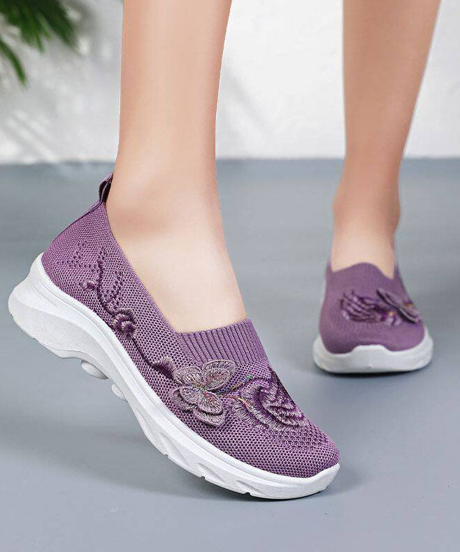 Purple Embroidered Breathable Mesh Flat Shoes for