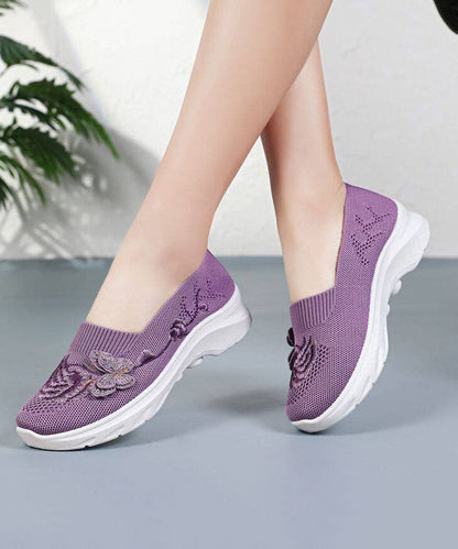 Purple Embroidered Breathable Mesh Flat Shoes for