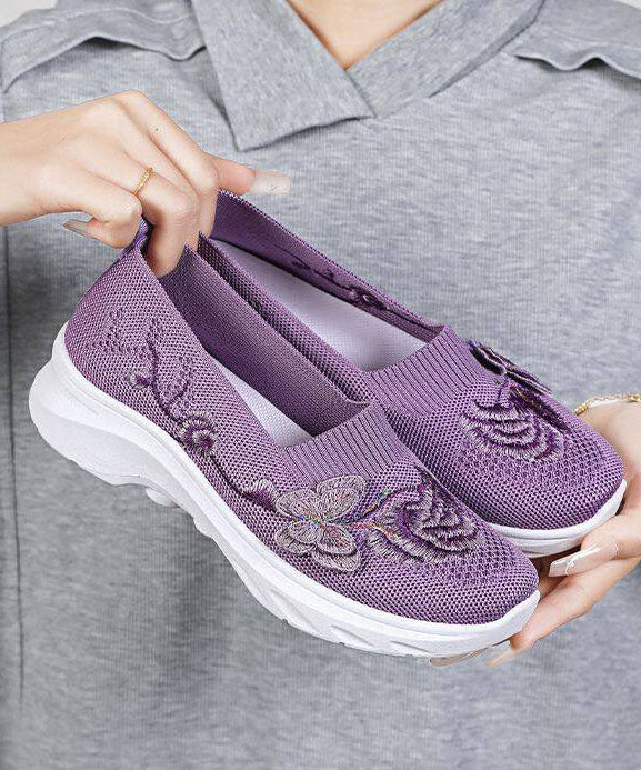 Purple Embroidered Breathable Mesh Flat Shoes for
