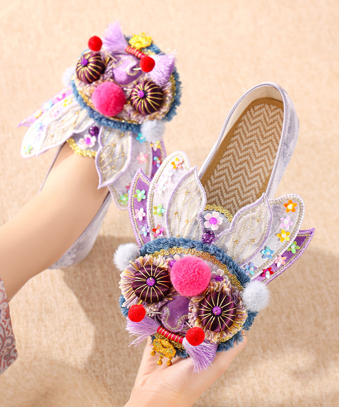 Purple Flat Feet Shoes Cotton Fabric Handmade Splicing Embroidered