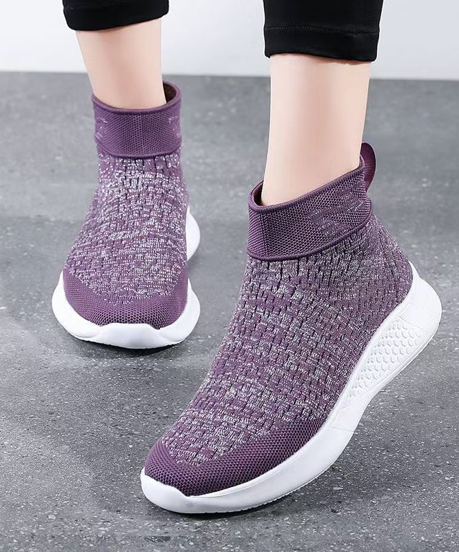 Purple Flat Feet Shoes Knit Fabric Hollow Out Flats