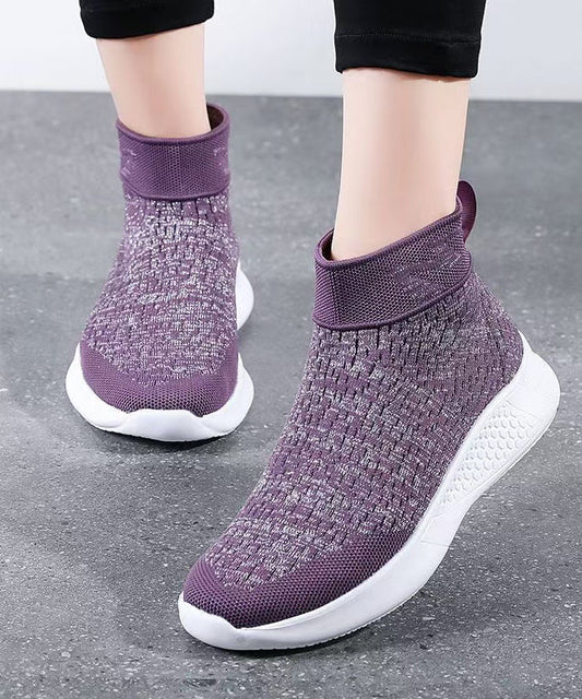 Purple Flat Feet Shoes Knit Fabric Hollow Out Flats