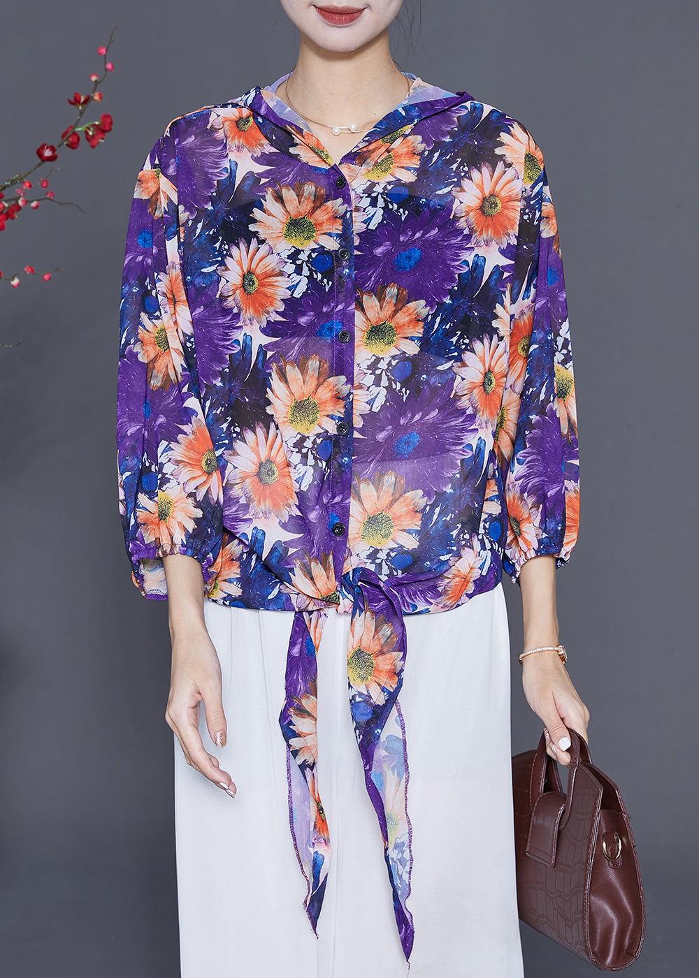 Purple Chiffon Upf 50+ Shirt Top Hooded Summer