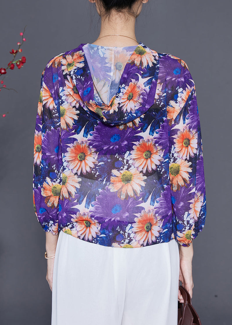 Purple Chiffon Upf 50+ Shirt Top Hooded Summer