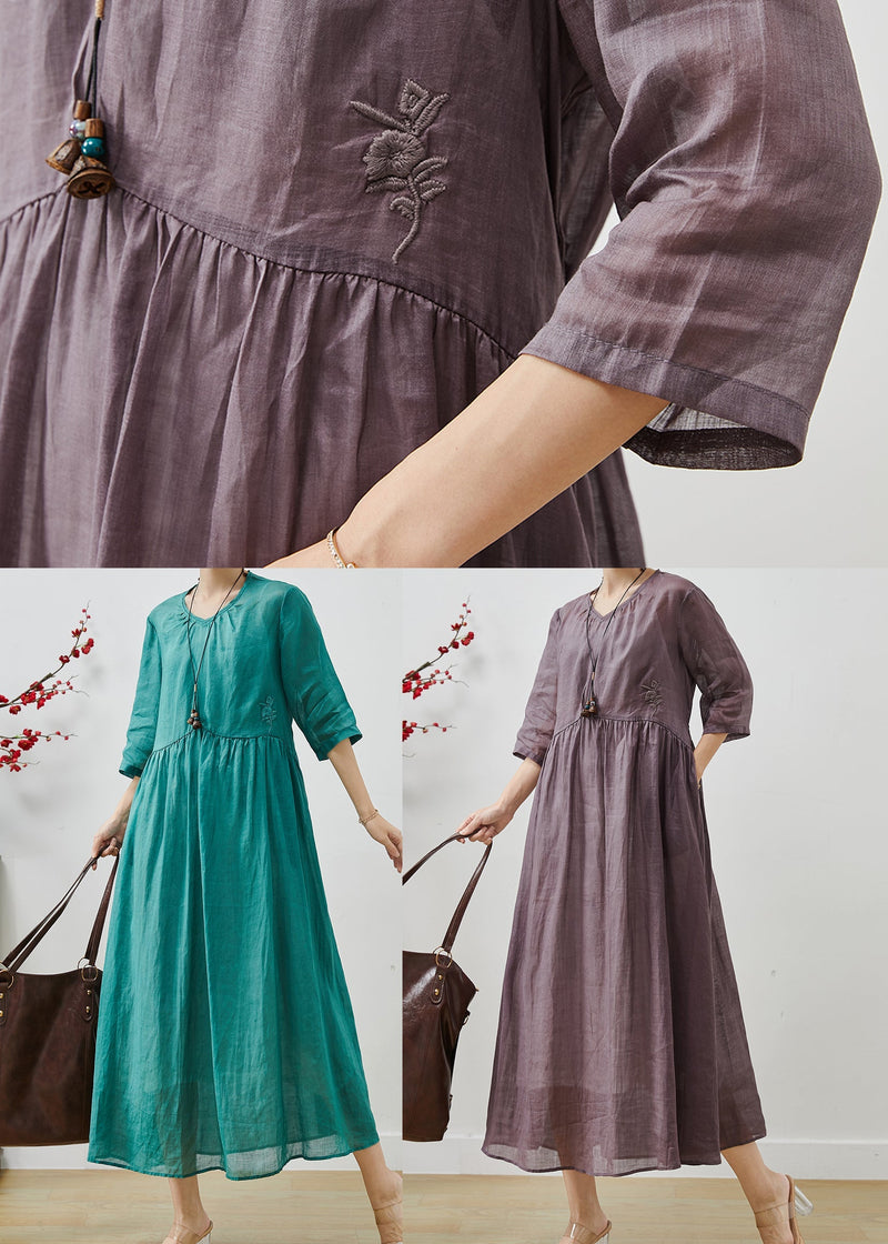 Purple Linen Long Dress Embroidered Bracelet Sleeve