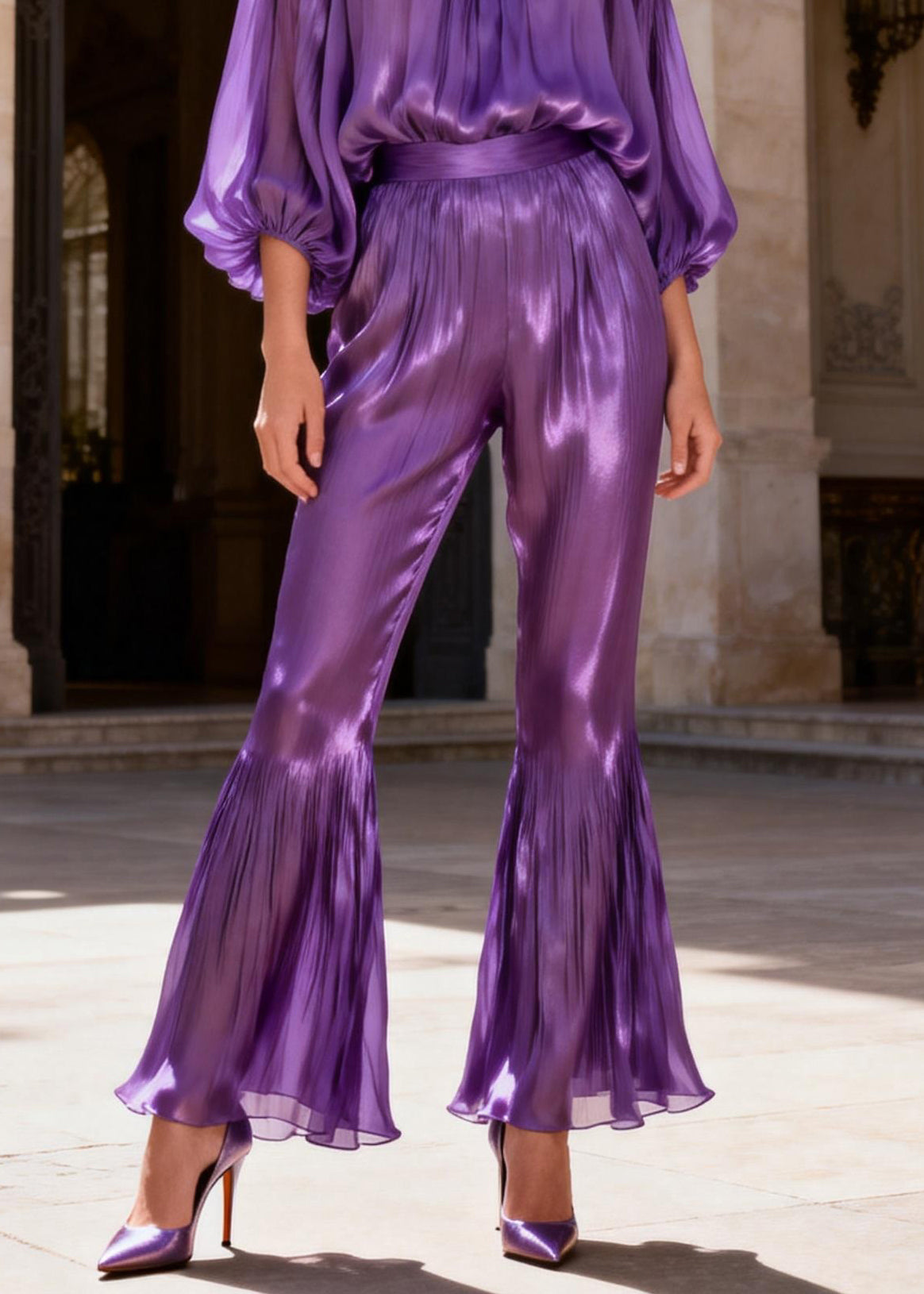 Purple High Waist Silk Two Pieces Set Ruffled Lantern Sleeve