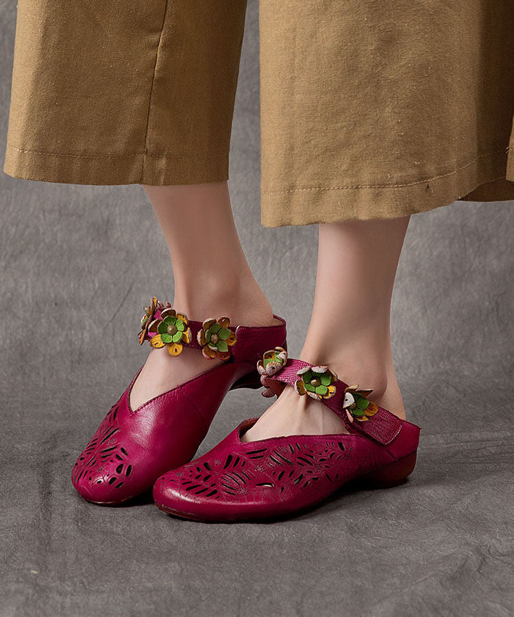 Purple Hollow Out Cowhide Leather Retro Splicing Slide Sandals