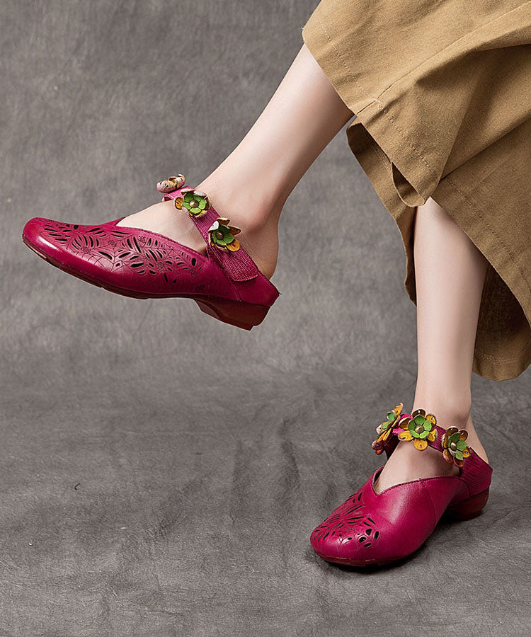 Purple Hollow Out Cowhide Leather Retro Splicing Slide Sandals