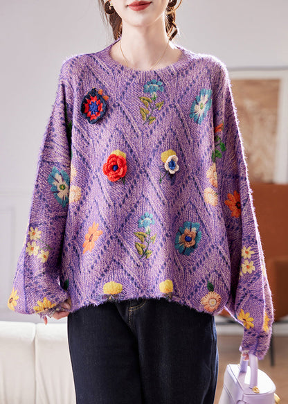 Purple Hollow Out Knit Sweaters O Neck Winter