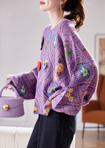 Purple Hollow Out Knit Sweaters O Neck Winter
