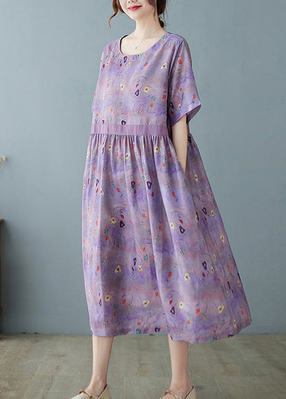 Purple Linen Vacation Dresses O-neck Extra Large Hem Short Sleeve